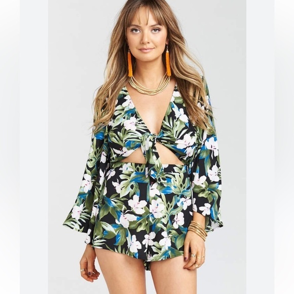 Show Me Your MuMu Pants - Show Me Your Mumu Floral Bell Sleeve Wrap Front Tropical Romper Size Small